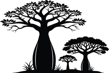 A collection of majestic illustrations showcasing the unique and iconic shape of baobab trees against stunning backdrops, from vibrant sunsets to star-filled night