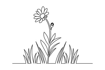 Single line grass and flower drawing in vector format, continuous one line art