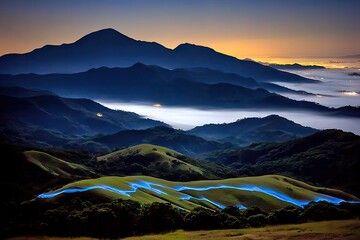 Misty mountain range, blue lines on hills