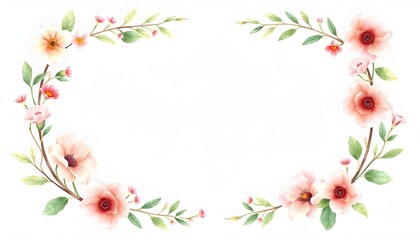 Floral frame with watercolor flowers, leaves, and branches arranged in a semi-circular design on a white background.