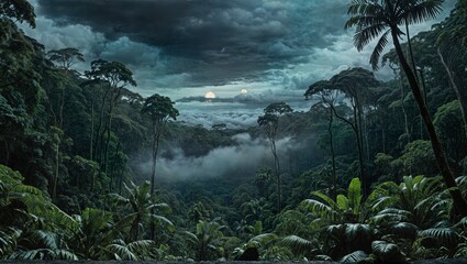 Sunlight streams through dense, lush rainforest, reflecting in a tranquil stream