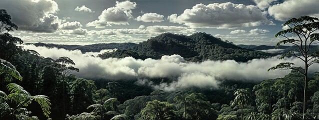 Sunlight streams through dense, lush rainforest, reflecting in a tranquil stream