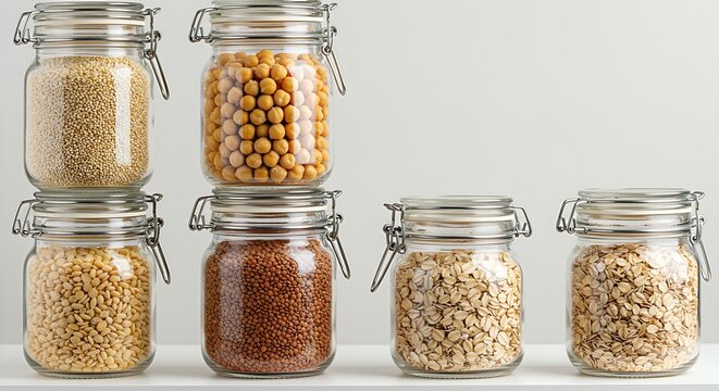  A collection of various whole grains and legumes in individual clear glass jars: quinoa, lentils, chickpeas, brown rice, and oats, displayed neatly on a minimalist shelf.
