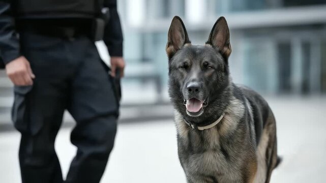 K9 Unit Officer Patrolling Urban Area with Focused Dog