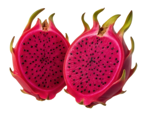 Two halves of a vibrant pink dragon fruit with black seeds and green-tipped scales on transparent background.
