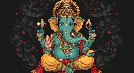 Fototapeta premium Illustration of lord ganesha with a golden crown and jewelry sitting in a lotus position on a black background