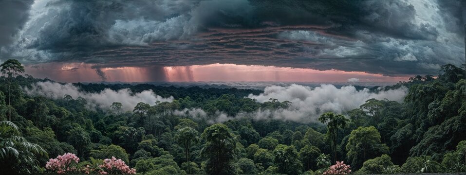 Sunlight streams through dense, lush rainforest, reflecting in a tranquil stream