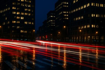 1920x1080 long-exposure photo of a busy city intersection at night, with red and white car light trails streaking across wet asphalt. Tall, generic office buildings with illuminated windows frame.