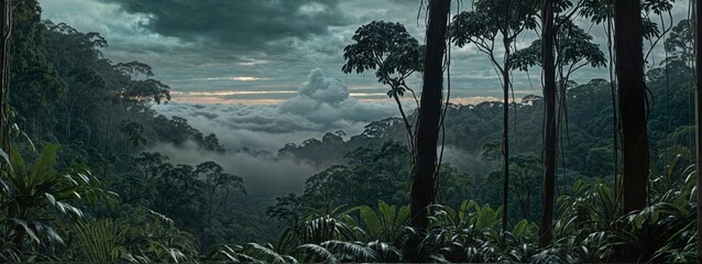 Sunlight streams through dense, lush rainforest, reflecting in a tranquil stream