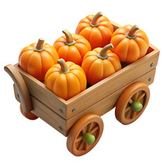 Wooden wagon filled with small orange pumpkins isolated on transparent background
