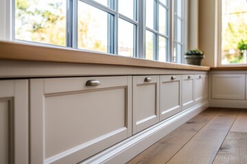 Fototapeta premium Compact Low Profile Storage Cabinets Designed for Window Spaces and Optimizing Room Décor