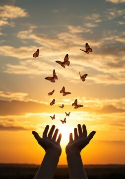 Hands Releasing Butterflies at Sunset &ndash; Symbol of Freedom, Hope, and Transformation