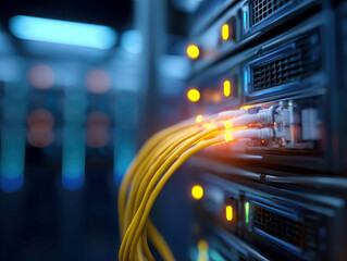 Close-up of network cable connections in a server room, featuring multiple servers with yelloworange cables and illuminated status lights Overhead view of large-scale data center envi - AI-Generated