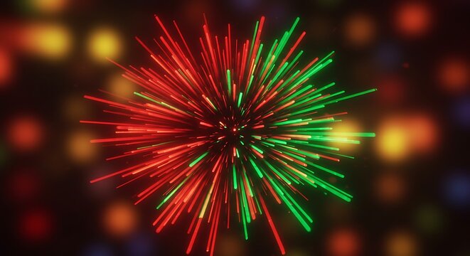 Vibrant Red and Green Fireworks Burst Against a Bokeh Background