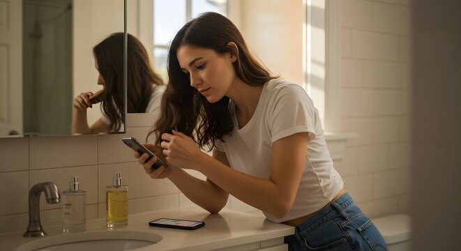 Woman Using Smartphone in Bathroom with Mirror Reflection and Perfume Bottles