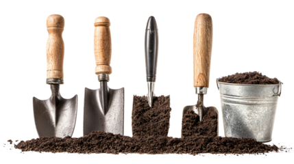 Gardening tools and soil ready for planting