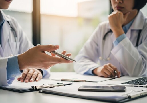 Two doctors discuss diagnosis, analyzing data on laptop in hospital office. Male and female medical professionals have a patient case conference, using laptop at doctor's office, close up