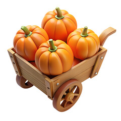 Four orange pumpkins in a wooden cart isolated on transparent background
