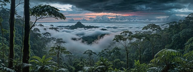 Sunlight streams through dense, lush rainforest, reflecting in a tranquil stream