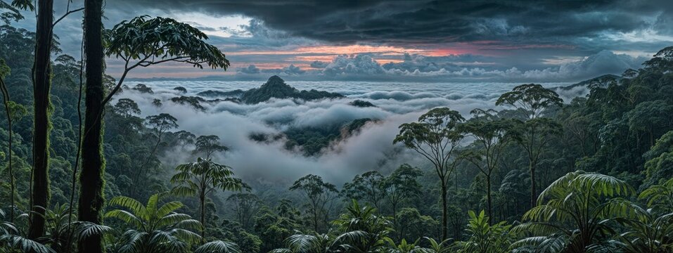 Sunlight streams through dense, lush rainforest, reflecting in a tranquil stream