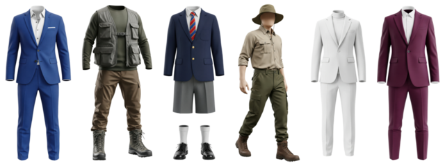 Set of men's outfits including formal suits, school uniform, safari clothing, and tactical gear