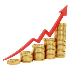 Stacks of coins with a rising arrow isolated on transparent background