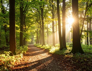Peaceful forest path during early autumn with sunlight streaming through the trees
