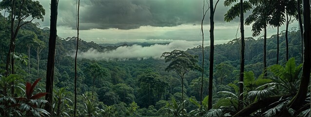 Sunlight streams through dense, lush rainforest, reflecting in a tranquil stream