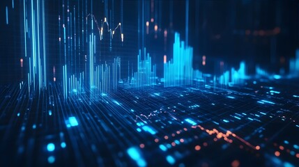 Blue digital data visualization with lines and graphs.