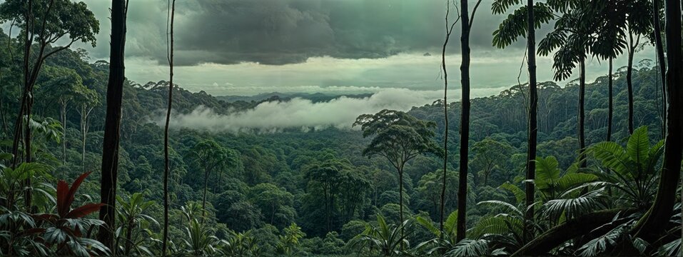 Sunlight streams through dense, lush rainforest, reflecting in a tranquil stream