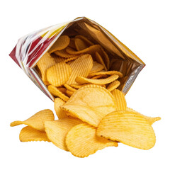 Bag of ruffled chips spilling isolated on transparent background