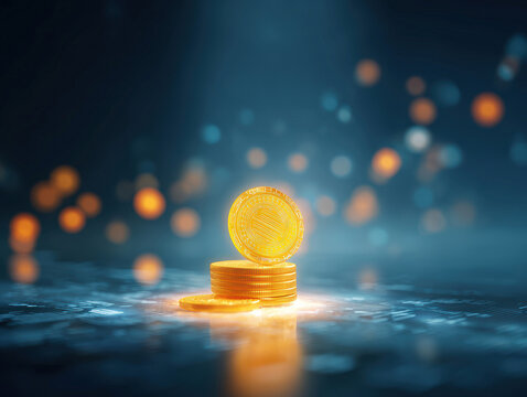 A digital illustration showcases a pyramid of gold coins with one glowing coin at the center, symbolizing virtual money The image is set against an abstract dark blue background with l - AI-Generated