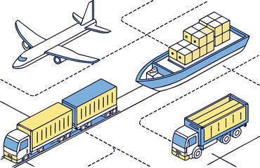 Isometric 3D vector icons of transportation, urban city, and building architecture
