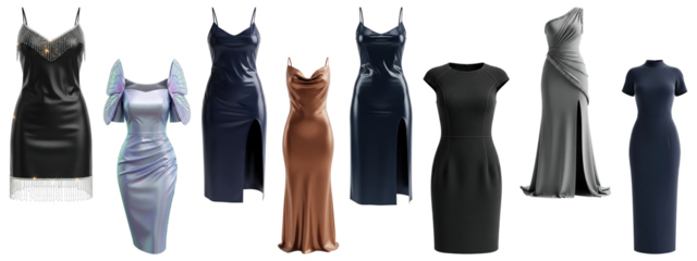 Collection of sleek women's cocktail and evening dresses in satin, leather, and bodycon styles, featuring slits and form-fitting silhouettes