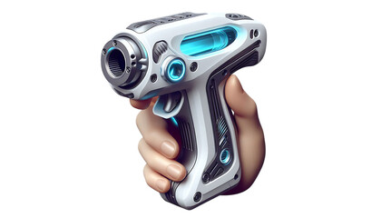 Futuristic sci fi ray gun held in a human hand with intricate details and glowing blue accents isolated on a black background isolated on white background isolated on transparent background silhouette
