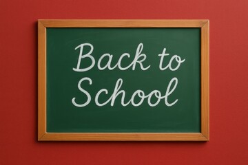 Back to School Poster. First Day of School &ndash; Wooden Chalkboard on Red Wall in Classroom.

