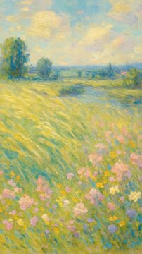 Impressionist landscape with wildflowers and a river, captured from a low angle. Ideal for a serene, nature-themed video backdrop. Live mobile wallpaper.