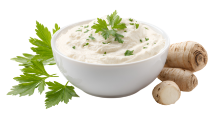 Creamy Horseradish Dip with Parsley in White Bowl
