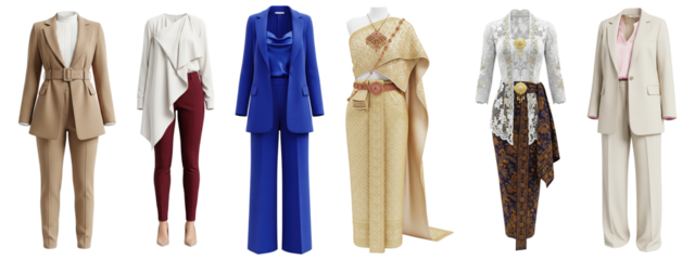 Collection of modern women’s business suits and traditional Thai dresses featuring tailored, draped, and formal styles
