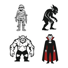 Fototapeta premium Vector art of collection of four classic monsters isolated on white background