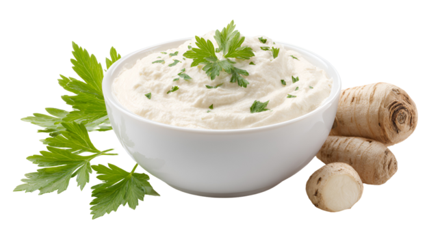 Creamy Horseradish Dip with Parsley in White Bowl