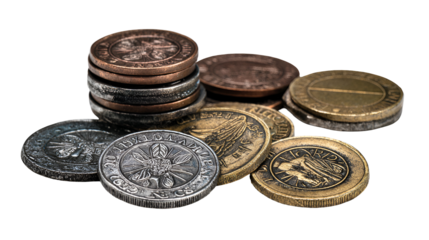 Lithuanian coins stacked and scattered on black background