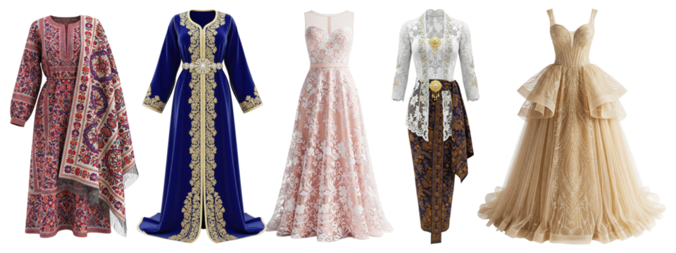 Elegant collection of traditional and formal women’s dresses featuring embroidery, lace, and layered details including Afghan, Moroccan, and Thai styles
