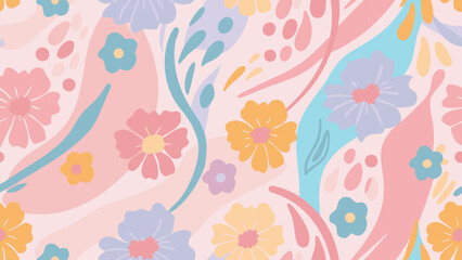 Pastel floral pattern with pink, blue, and yellow flowers and leaves in a whimsical arrangement style