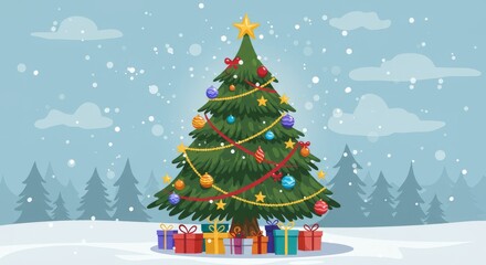 Decorated Christmas tree with colorful ornaments and presents under it in a snowy winter landscape. Holiday season illustration for greeting card design.