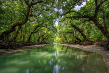 Lush, verdant waterway lined with arching trees