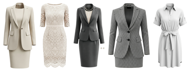 Stylish women’s office and formal outfits including suits, lace dress, and belted shirt dress in neutral tones