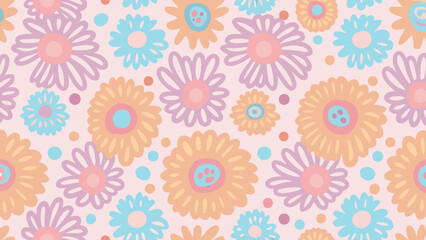 Pastel floral pattern with orange lavender and blue flowers on a light pink background design art