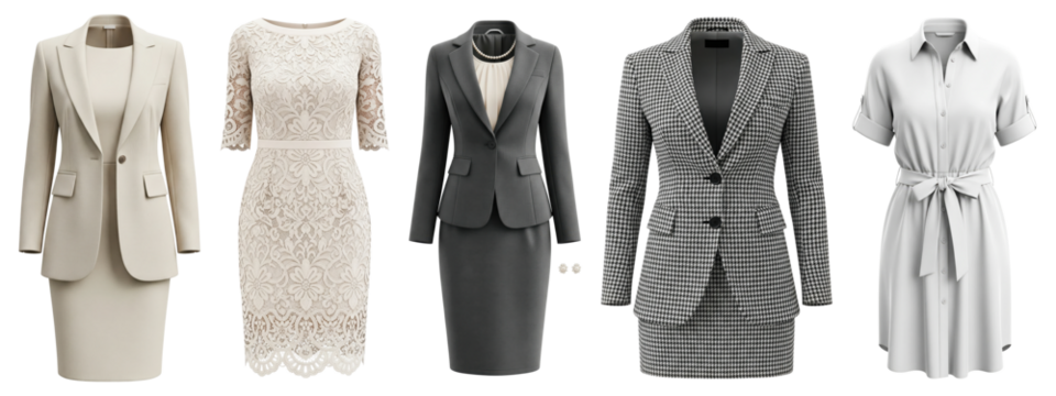 Stylish women’s office and formal outfits including suits, lace dress, and belted shirt dress in neutral tones