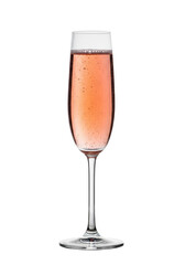 A perfectly poured, translucent Bellini cocktail in a slender crystal flute, elegant bubbles, close-up, soft studio light on a transparent background. Concept for luxury beverage advertising
